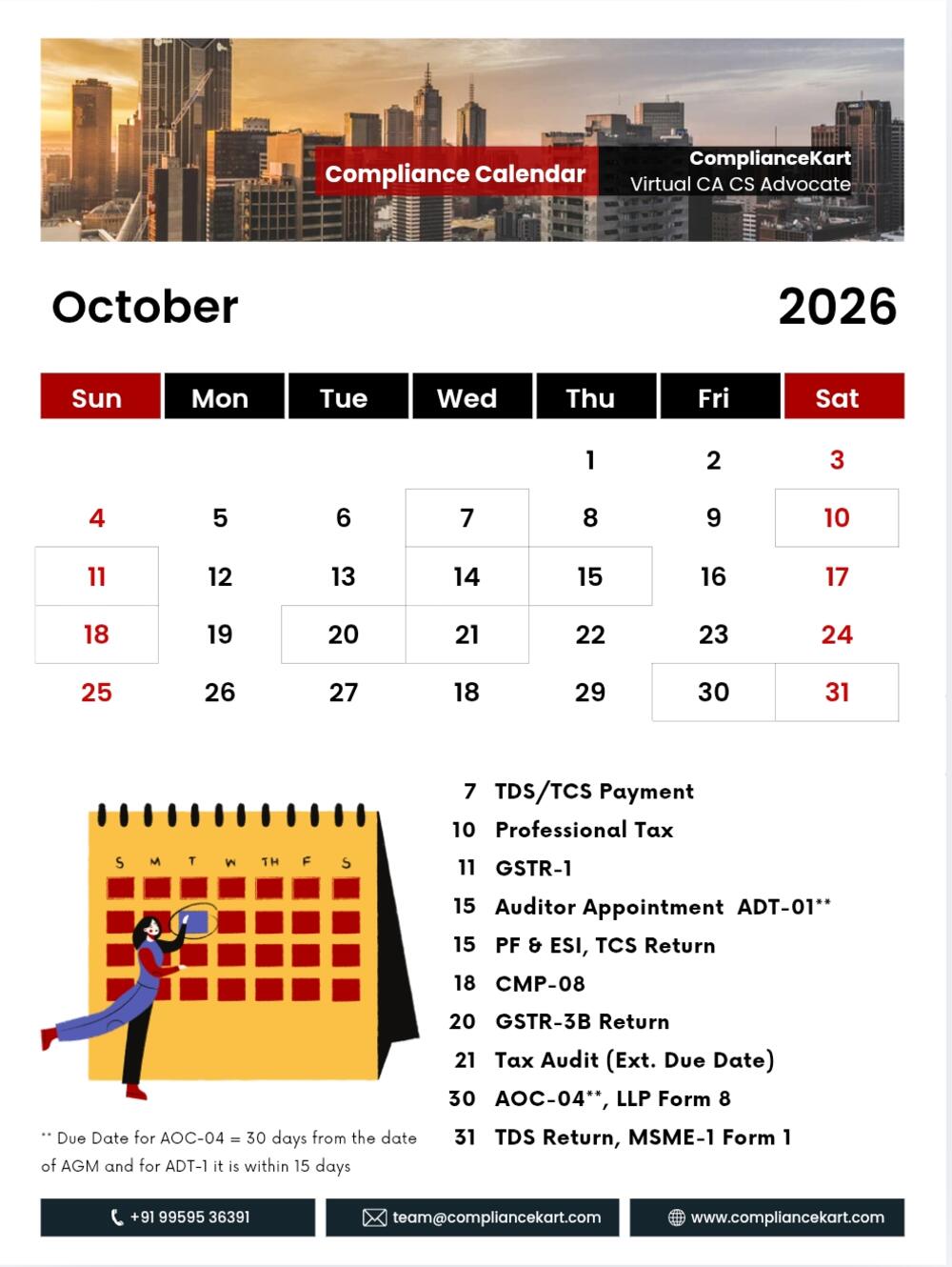 October 2026 Compliance Calendar - GST, TDS, ROC and payroll due dates by ComplianceKart