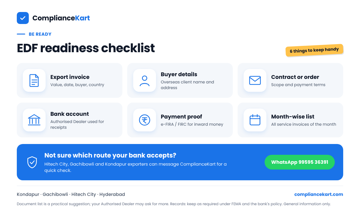 EDF readiness checklist for exporters in Hyderabad: invoice, buyer details, contract, bank account, payment proof and month-wise list