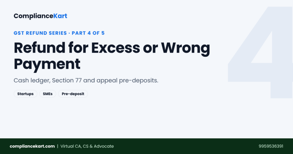 GST refund for excess or wrong payment: cash ledger, Section 77 and pre-deposit